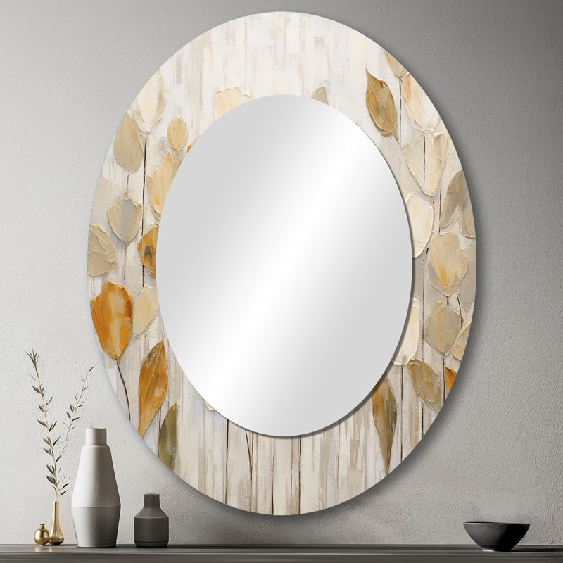 Beige Botanical Impressions II - Abstract Oval Decorative Mirror On Metal, 43" x 33"