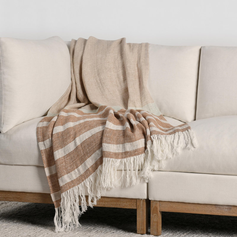 Crawford Hand Woven Throw Blanket, Brown Linen Striped