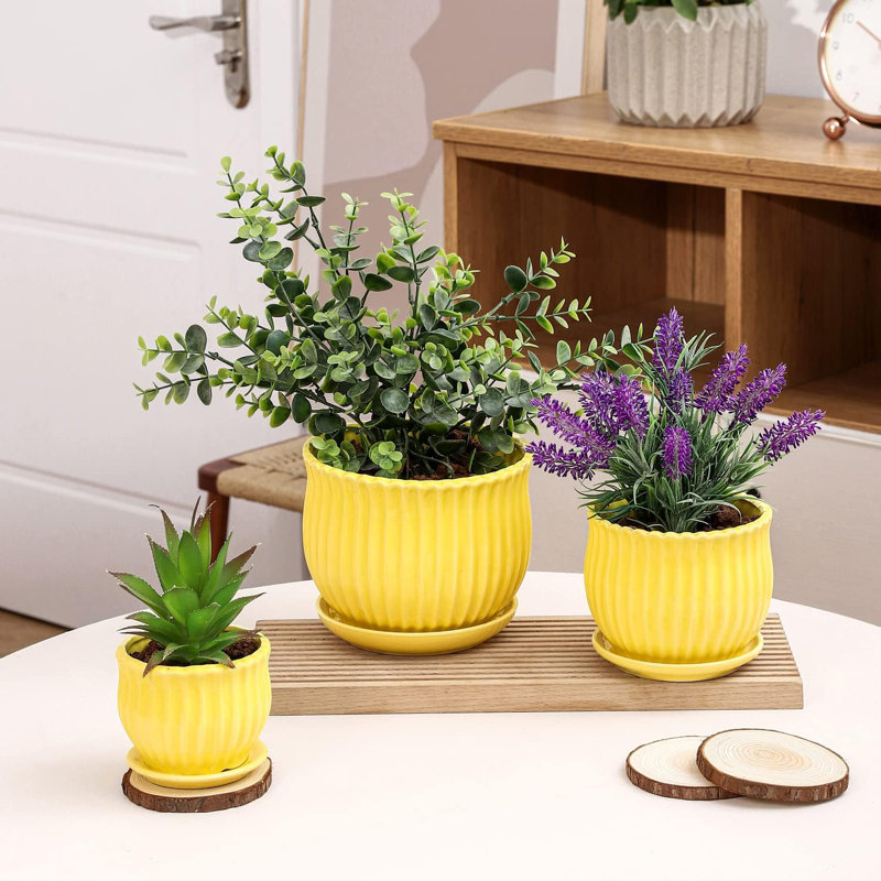 Yellow Ceramic Flower Pots With Saucers