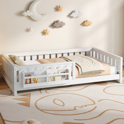 Lit plateforme simple en bois avec garde-corps et tablettes de rangement - Lit pour enfant peu encombrant, blanc