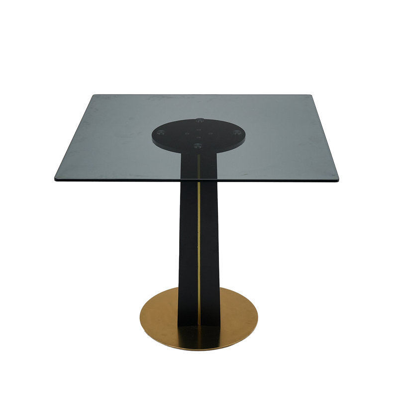 Table ronde moderne avec plateau en verre trempé de 85 cm et pieds en bois avec base en métal, Noir, Verre trempé