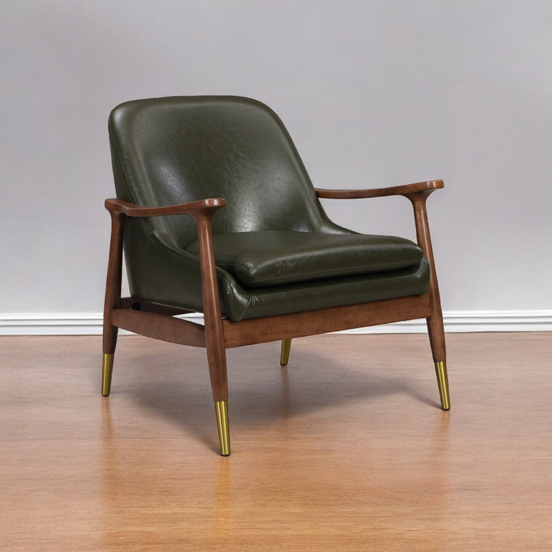 Fauteuil d'appoint Mid-Century moderne en similicuir 29,18 po avec pieds en bois massif, Polyuréthane vert