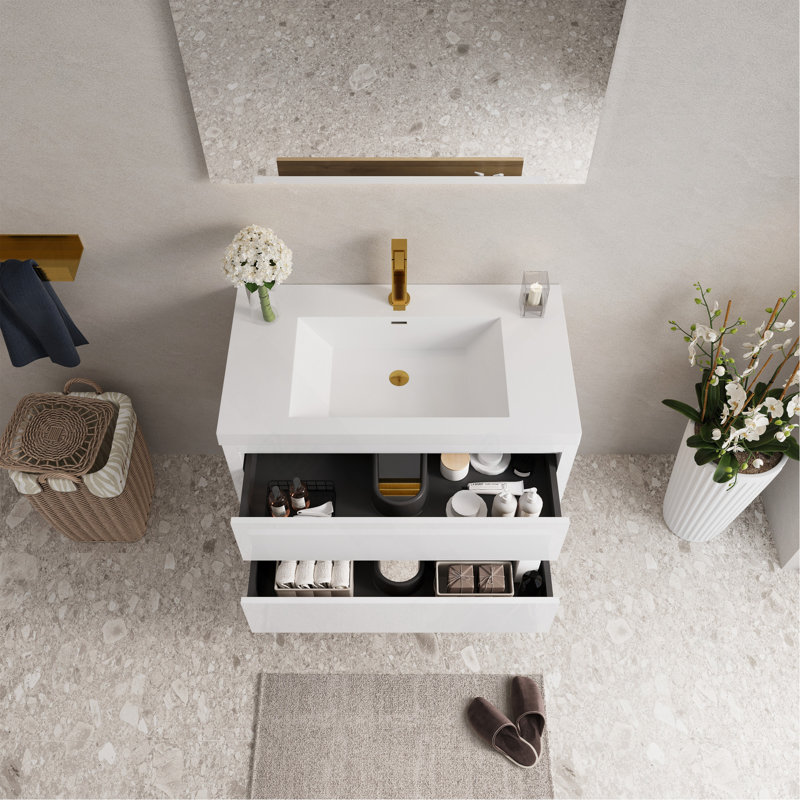Meuble-lavabo mural 36 po avec lavabo, meuble de rangement flottant pour salle de bain avec comptoir en résine de pierre et tiroirs à fermeture en douceur entièrement assemblé