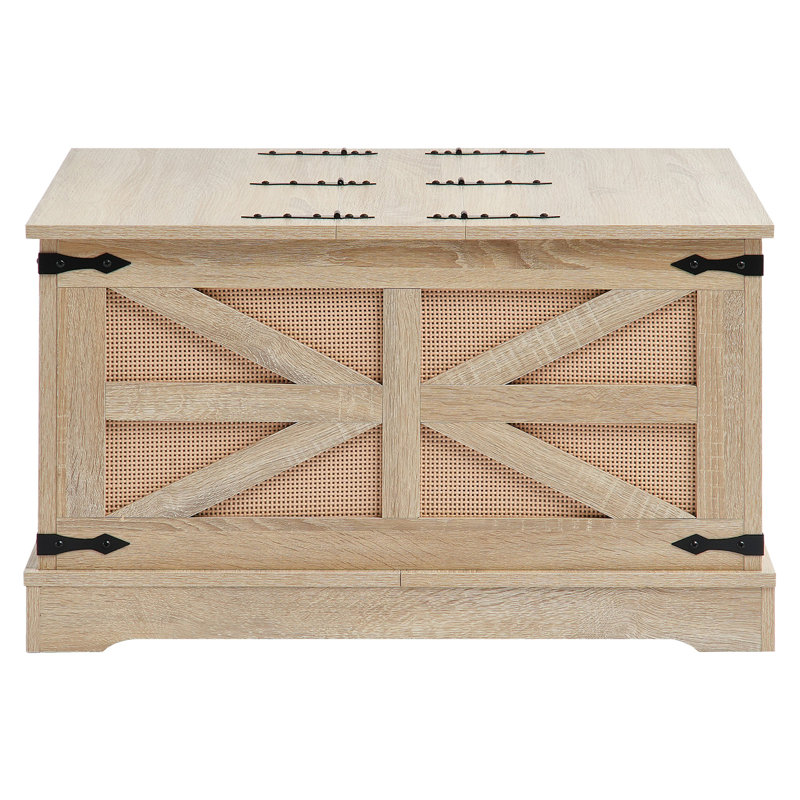 Table basse rectangulaire en PE en rotin avec rangement surélevé, plateau en panneau de fibres à densité moyenne, décorations en métal, 32 pouces, petits espaces de salon