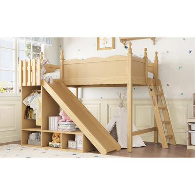 Twin Loft Bed With Storage Shelves And Wardrobe, Solid Wood Loft Beds With Detachable Slide And Ladders, No Spring Box Needed,Natural.(Patent Protection)