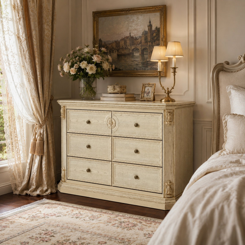 Commode 6 tiroirs l 41,7 po - Structure en bois massif, accents sculptés en résine, finition dorée irisée