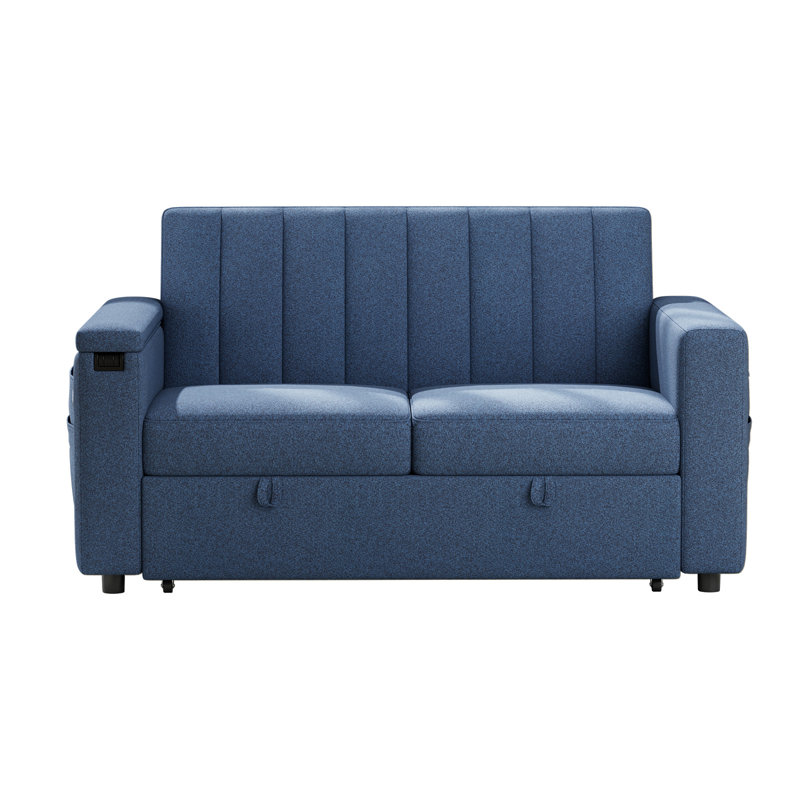 Brittany Tufted Sofa Table Cloud Couch with Charging  and Storage Pockets, Blue