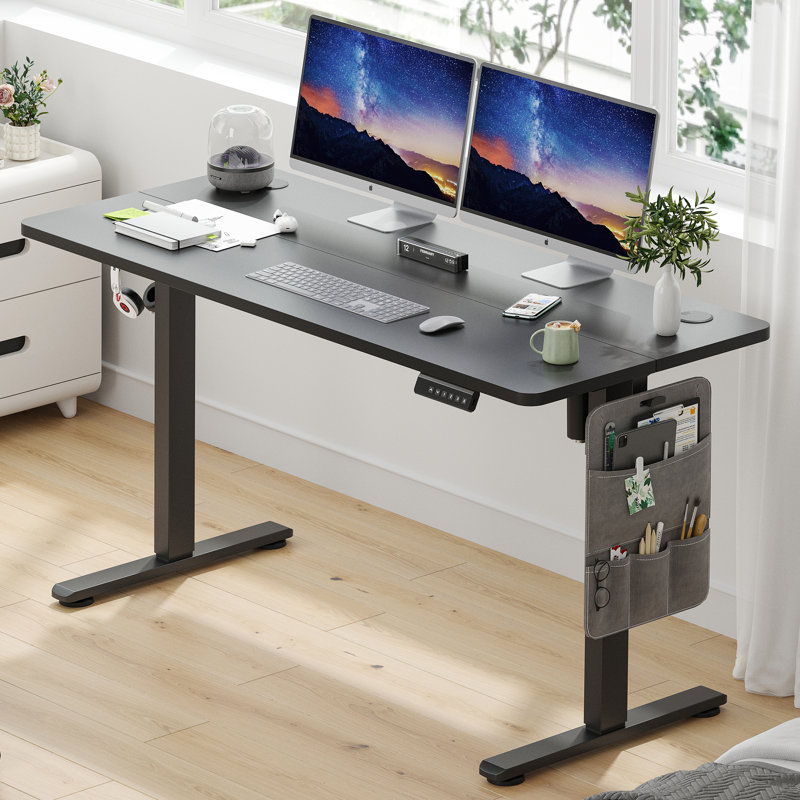 Electric Height Adjustable Home Office Standing Desk, Black, Black, 140cm W x 60cm D