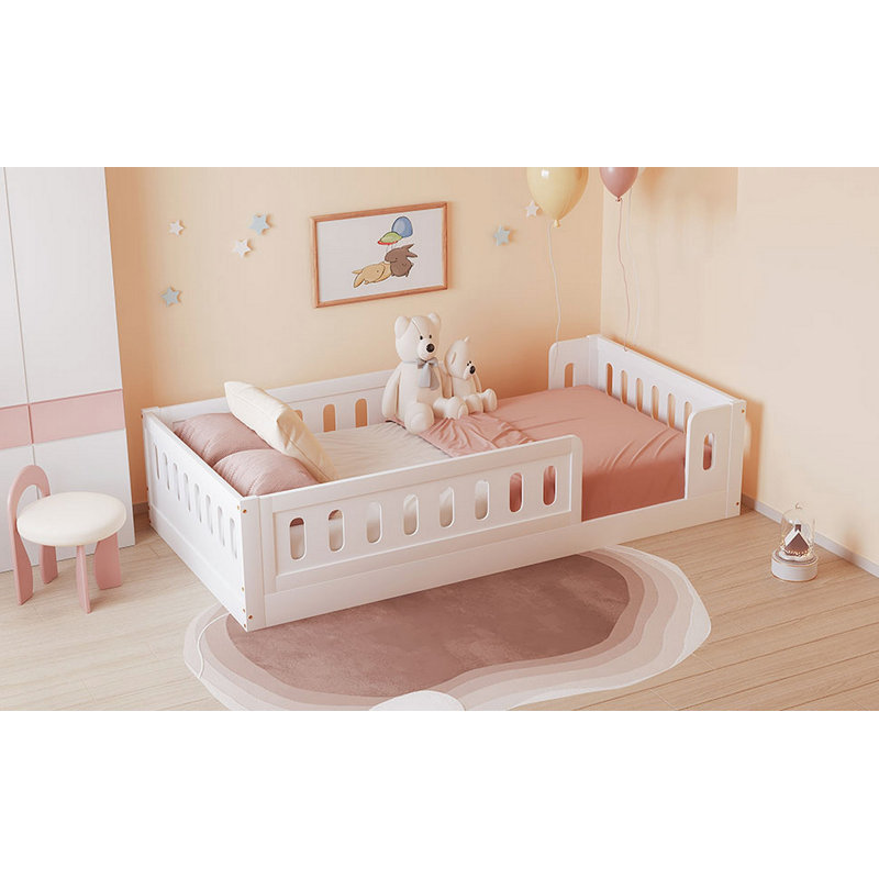Wood Twin Size Platform Bed With Guardrail, White