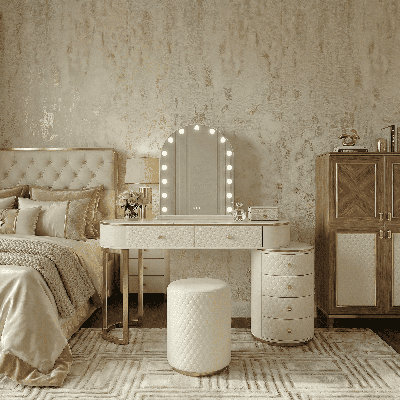 Luxury Makeup Vanity Desk with 3-Colour LED Mirror & Stool, Adjustable Length Vanity Table with Movable Side Cabinet and 6 Drawers