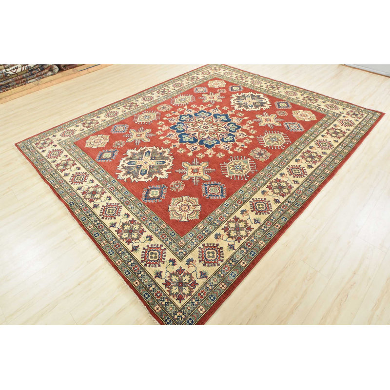 Tapis rouge en laine noué à la main de conception unique 8 pi 4 po x 10 pi Gaard