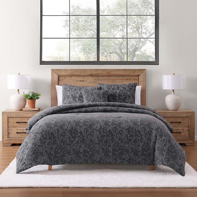 Design Studio Botanical Grey 4-Piece Stonewashed Jacquard Comforter Set, King Comforter + 2 King Shams + 1 Throw Pillow