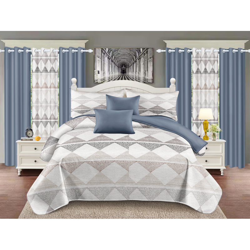 Ensemble de literie pour courtepointe 9 pièces grand lit à rayures grises pour chambre à coucher, édredon léger avec 2 taies décoratives, 6 rideaux assortis de 86 x 86 po