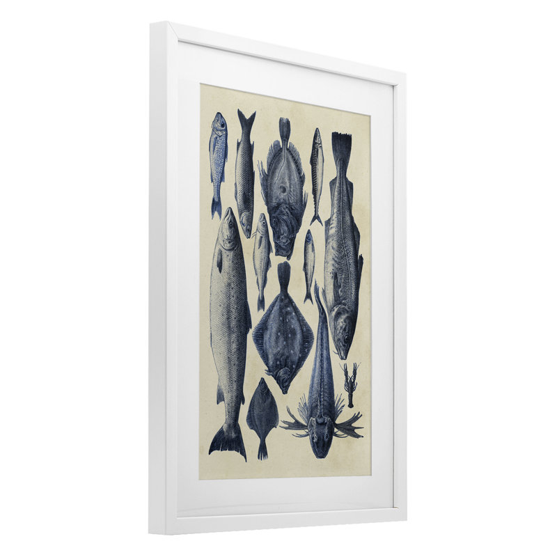 Carte de poisson traditionnelle bleue, reproduction encadrée sous verre, conception par Alicia Longley, H 23 po x l 17 po