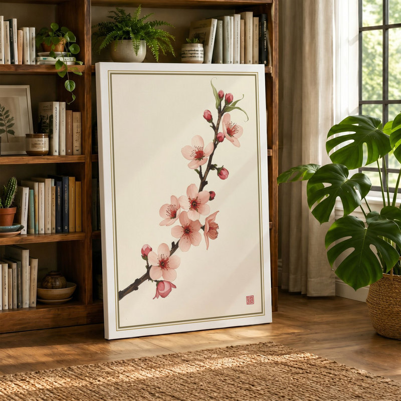 Moonlit Cherry Blossom Japandi 1 Piece Wrapped Canvas Wall Art, 18x12 - 45.7 x 30.5 cm, Black Border