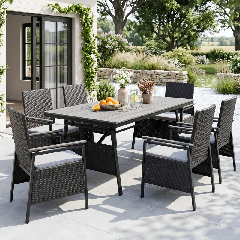 7-Piece All-Weather Aluminum Outdoor Dining Set with 63" WPC Table, 6 PE Rattan Dining Chairs & Cushions, 6, Charcoal     