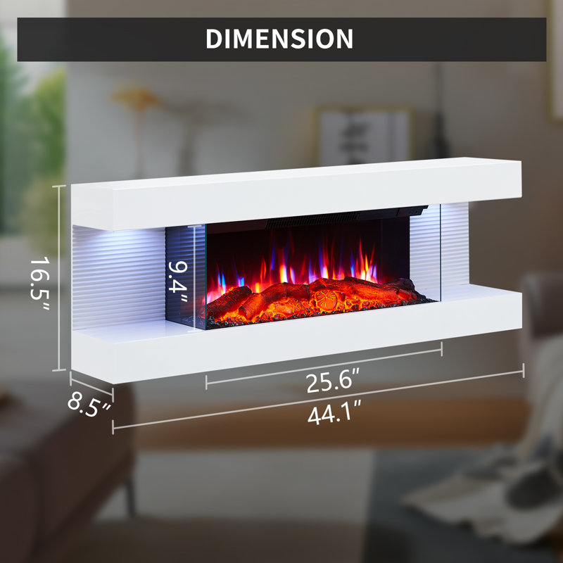 44 Inch Wall Mounted Electric Fireplace All-in-one With Multi Ambient Light Colors, Remote, 1500w Heater, White