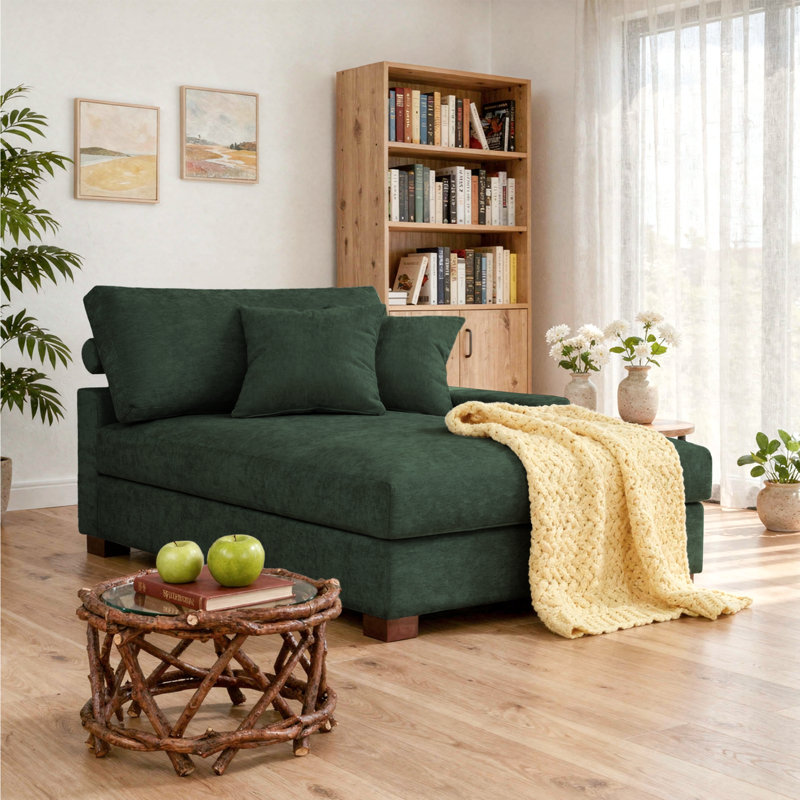 Chaise longue surdimensionnée rembourrée en chenille verte avec accoudoirs et coussins décoratifs, Vert, Face à la droite
