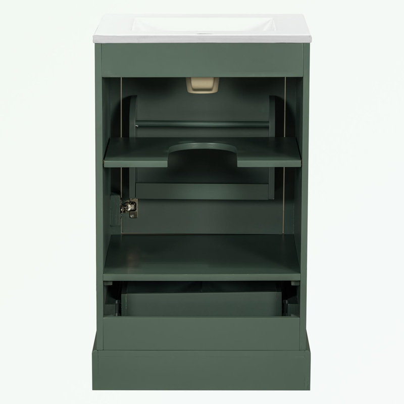 Meuble-lavabo de salle de bain avec lavabo en céramique, tiroir à compartiments et support de porte, Vert