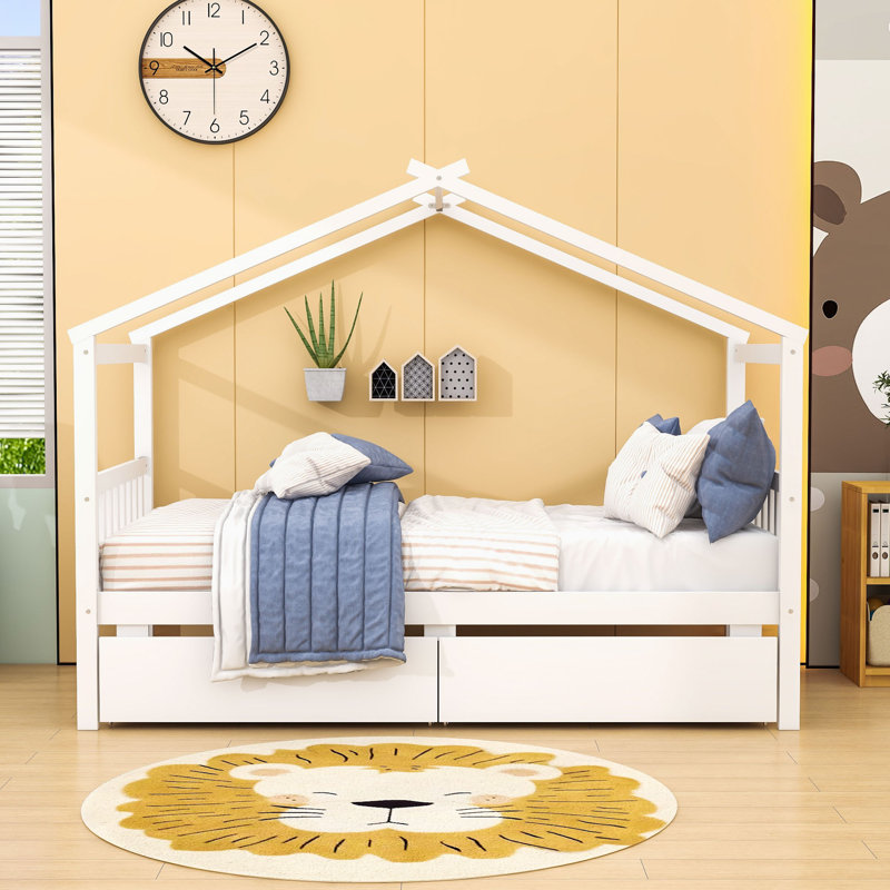 Lit simple en bois avec 2 tiroirs et garde-corps, Blanc