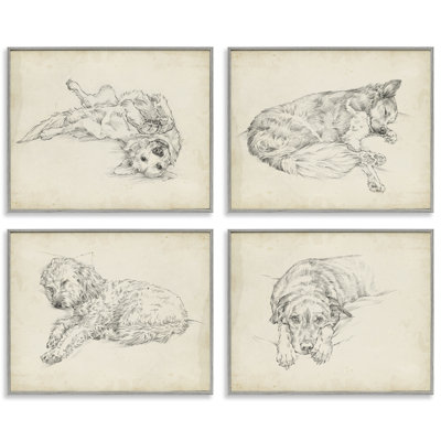 Ensemble de 4 reproductions de giclées encadrées par un chien antique, dessin par Ethan Harper