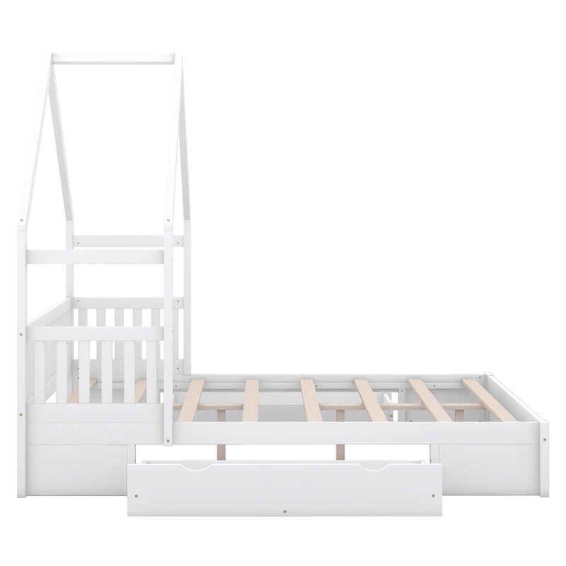 Grand lit plateforme en bois avec garde-corps et 2 tiroirs, blanc, Blanc