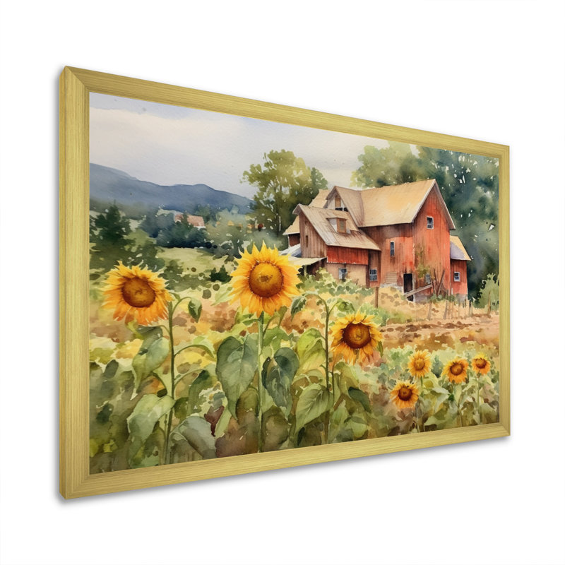 Tournesol doré à la ferme III - art mural floral, H 30 po x l 40 po x P 1,5 po, Encadrement doré