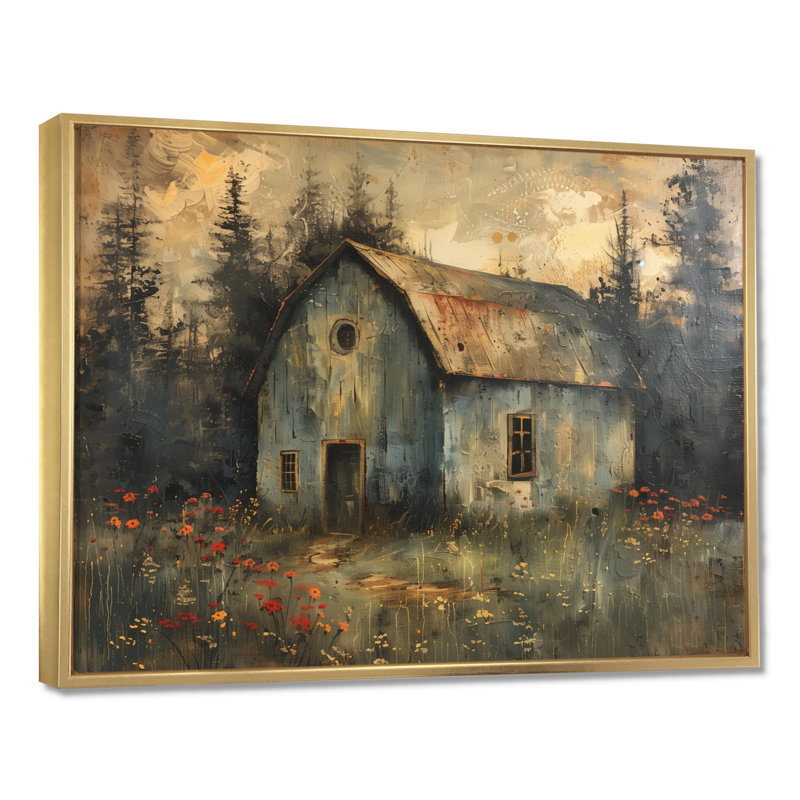 Gris, gris, hiver, chalet champêtre, H 30 po x l 40 po x P 1,5 po, Toile avec cadre flottant or