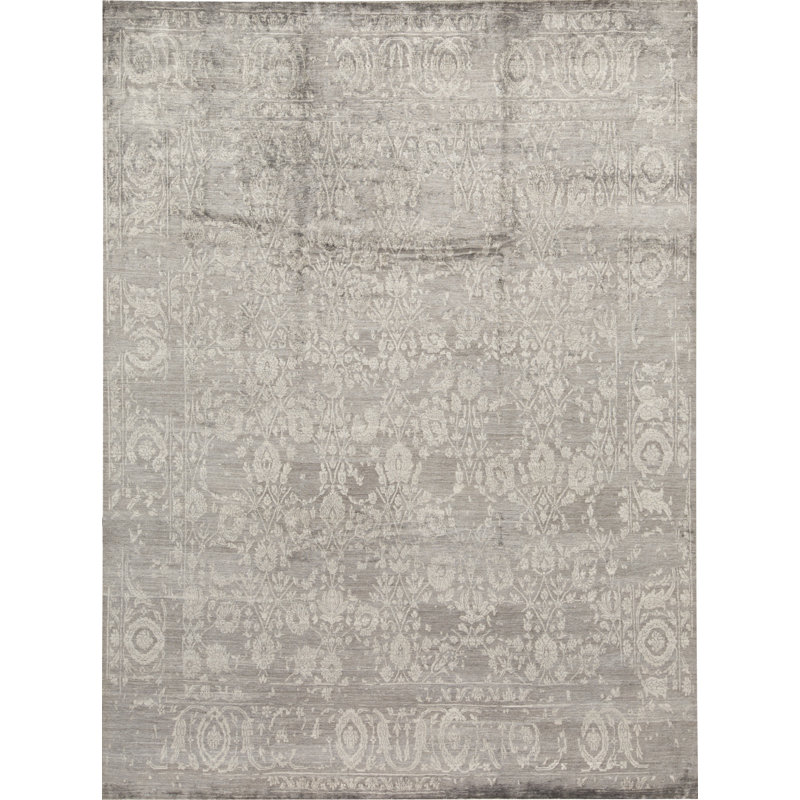Tapis floral gris foncé noué à la main Neo Villa, Rectangle 9 pi x 11 pi 11 po