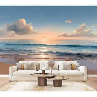 Peel and Stick Wallpaper Serene Ocean Beach Sunrise Seagulls Soft Waves Wall Murals 69"H x 96"W Removable PVC Wall Paper Self-Adhesive Wall Decor for Bedroom Living Room Home Office