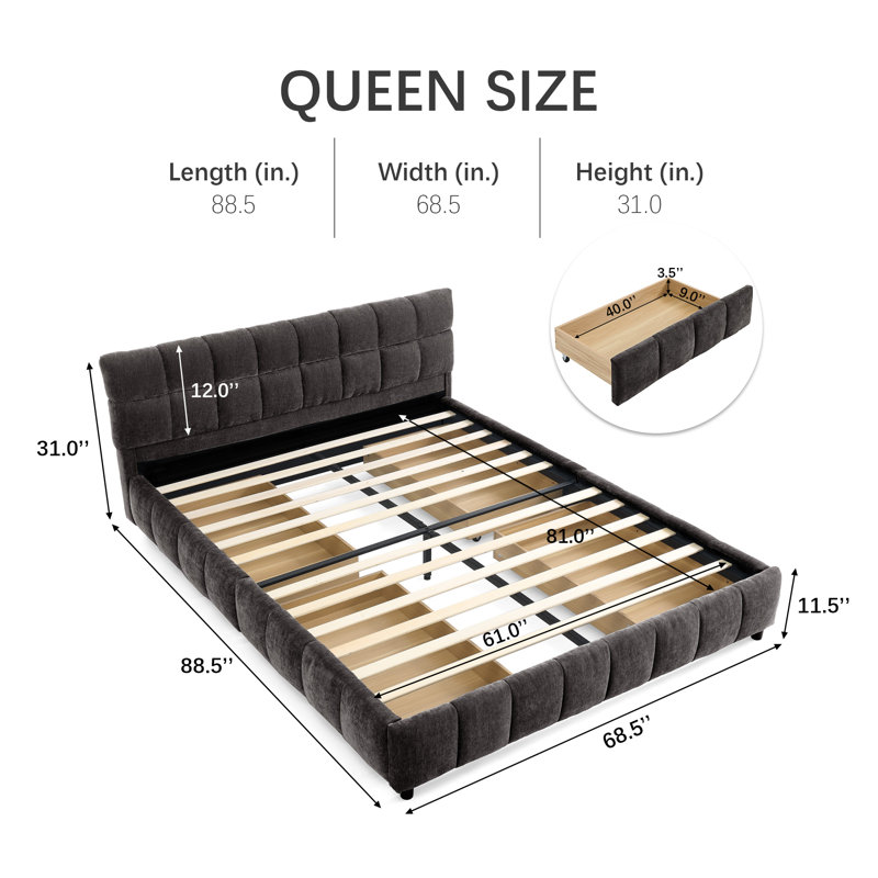 Latitude Run Chenille Upholstered Bed Frame with Drawer