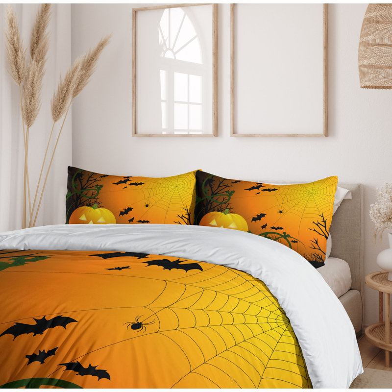 Halloween Pumpkin and Spider Web Queen Duvet Cover Set