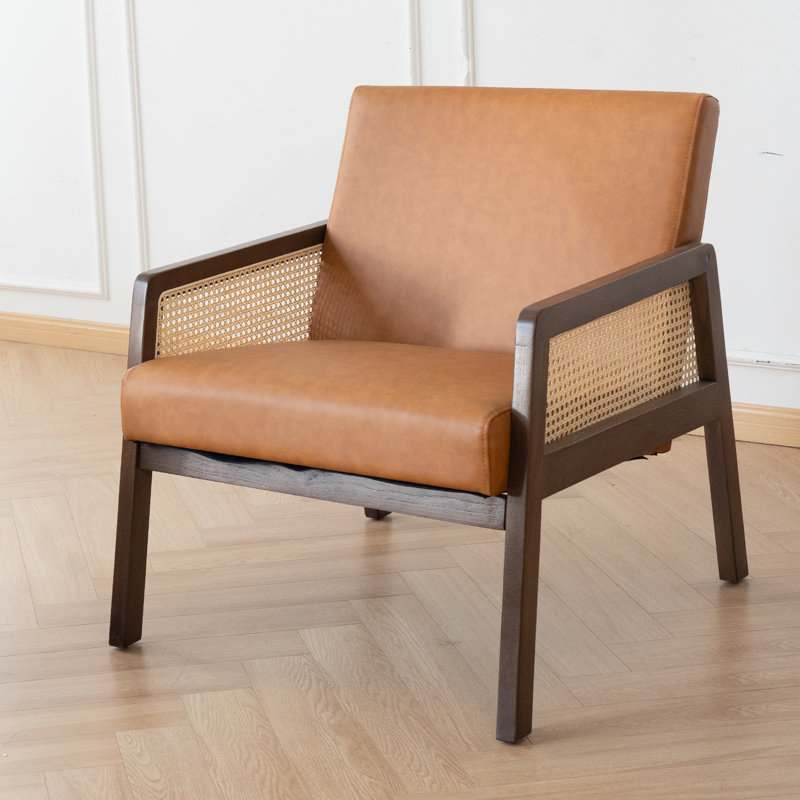 Chaise d'appoint rembourrée avec accoudoirs en maille de rotin, similicuir brun, Brun