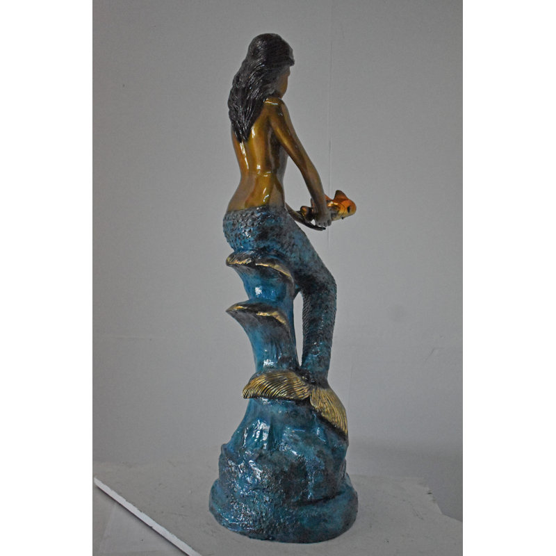 Nifao Collection Mermaid Holding Two Fish Bronze Statue Colour Finish - Size: 14" x 14" x 43"H.