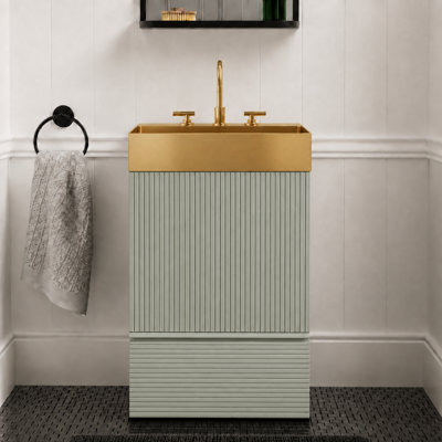  20" Modern Freestanding Bathroom Vanity with Integrated Brushed Gold Stainless Steel Sink and Fluted Sage Green Cabinet