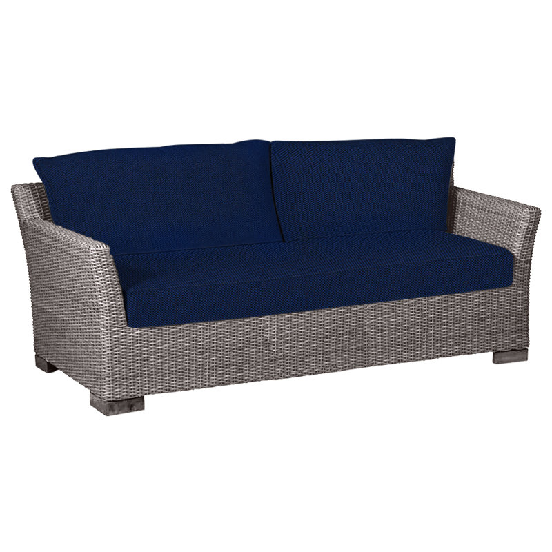 Club 89" Wide Outdoor Wicker Loveseat with Cushions, Black Walnut, Indigo Velvet, Welt
