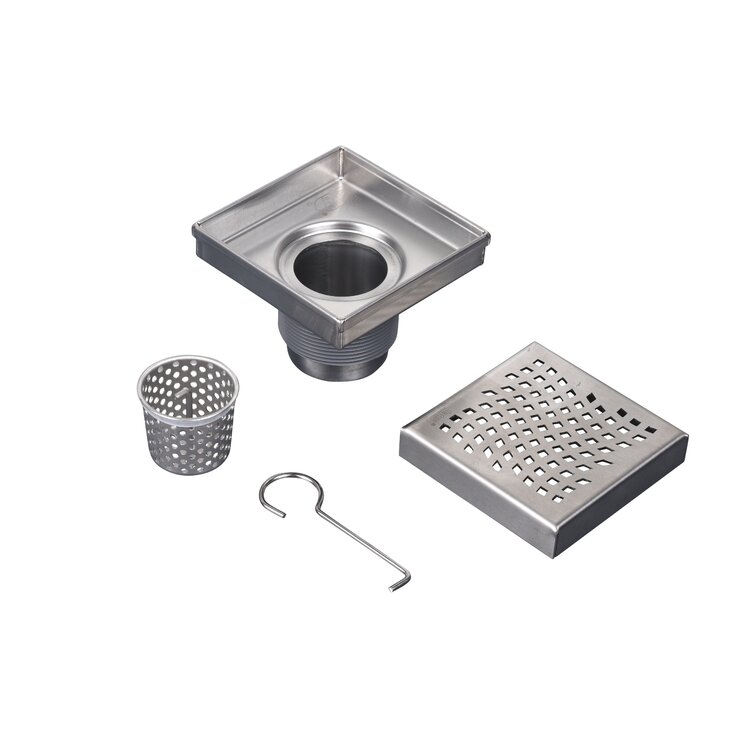 6 inch Polished Stainless Steel Square Shower Drain with Hair Trap Set (2 Designs)