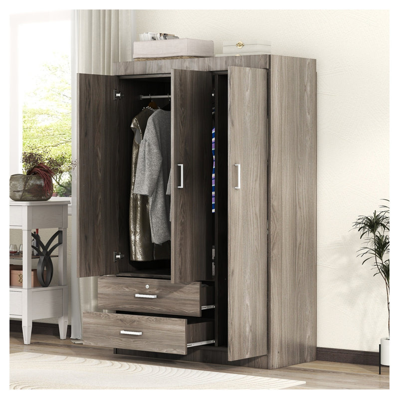 Armoire de rangement contemporaine à 3 portes avec 2 tiroirs, effet grain de bois gris