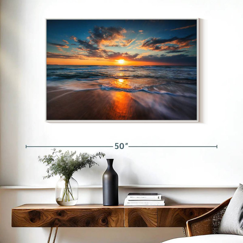 Été, océan, lever de soleil, Cadre flottant blanc, 40 po x 27 po