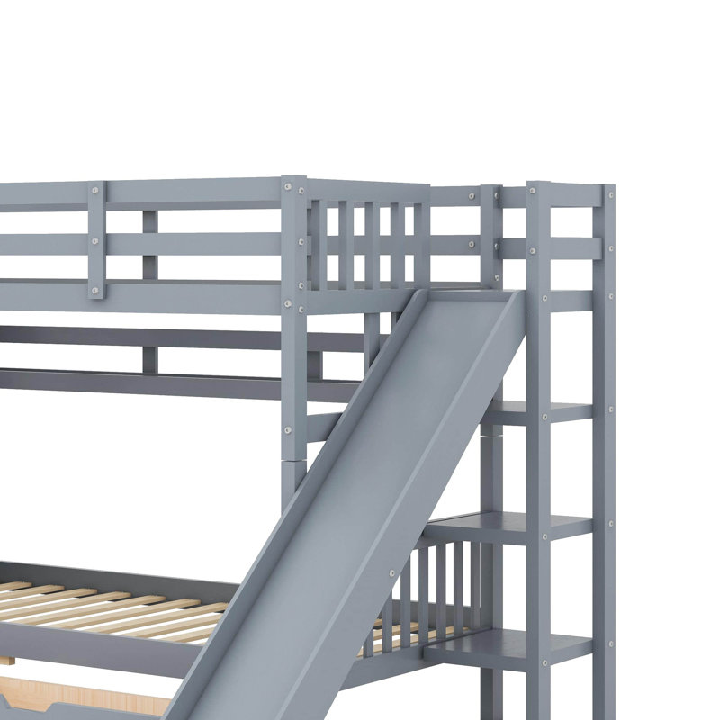 Castle Style Bunk Bed, Wood Bunkbed With 2 Drawers And 3 Shelves, Full-Length Fence, Slide, Slat Support, Gray