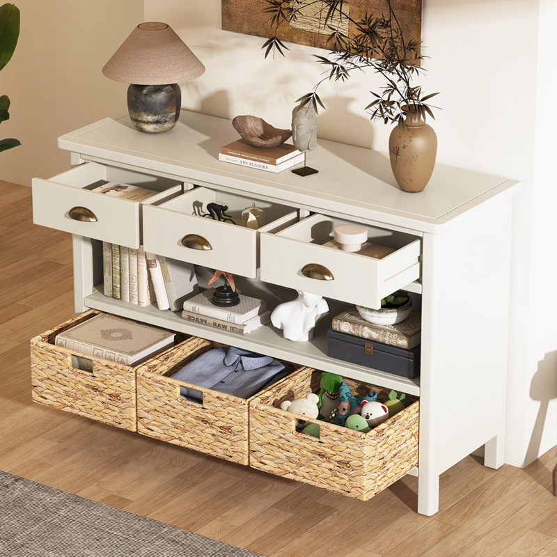 Console rétro avec paniers tissés jacinthe d'eau, Blanc antique