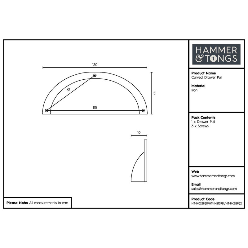 Hammer & Tongs - Curved Cabinet Cup Handle - W130mm x H50mm - Brass