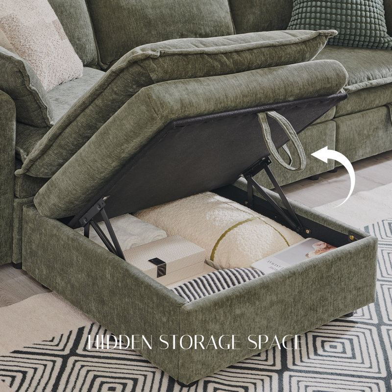 112.6" Modern Modular Sofa with Large Storage Space, Chenille Fabric U-Shaped Modular Sofa with Ottoman, Featuring Deep Seat Cushions and Throw Pillows
