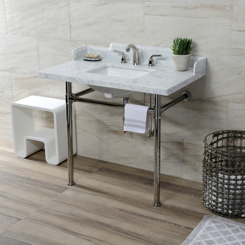 Kingston Brass Wesselman 36-Inch Carrara Marble Console Sink with Stainless Steel Legs (8-Inch, 3-Hole)