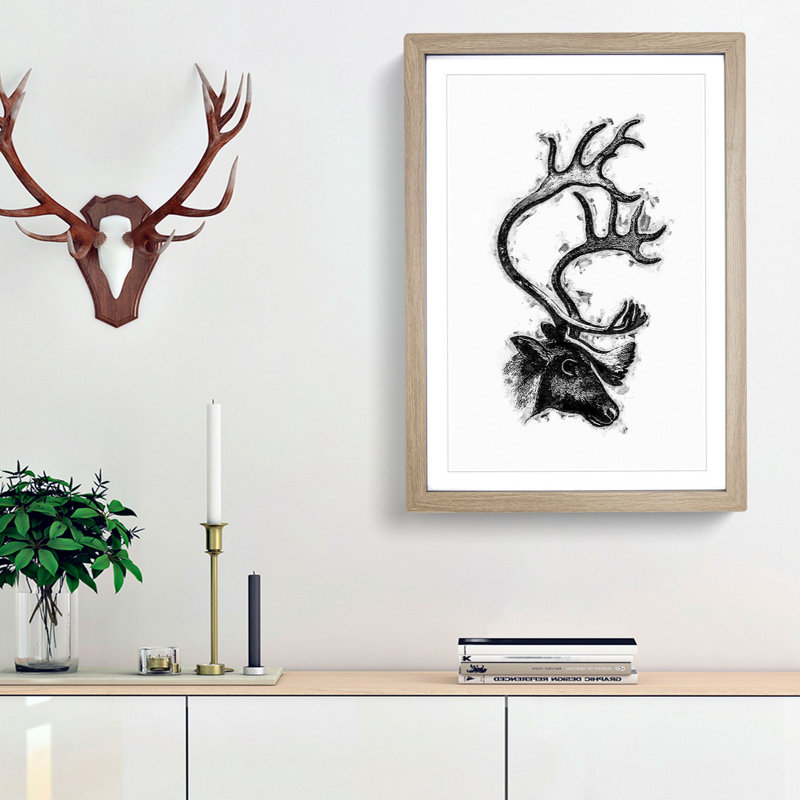 A Deer with Antlers Illustration in Black and White - Framed Print, 63cm H x 45cm W x 2cm D, Oak Framed