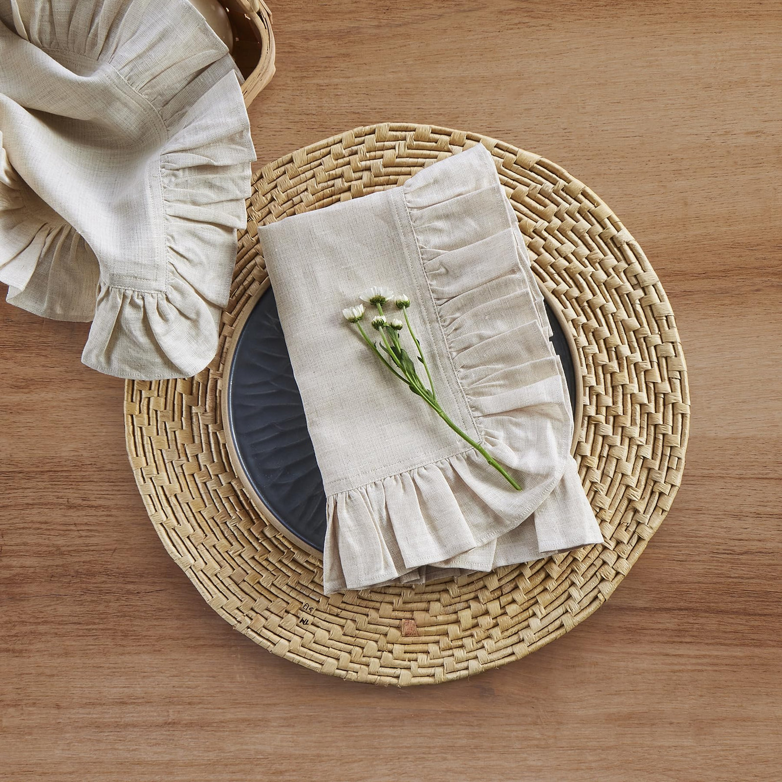 Gabrielle Ruffle - 100% Pure Linen Dinner Napkins, Light Natural
