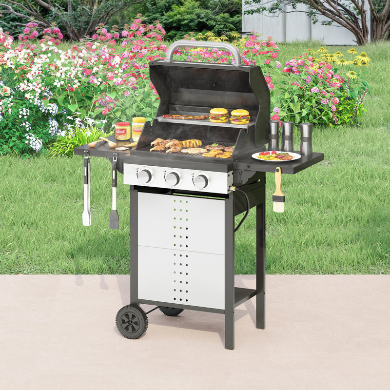 Barbecue au gaz propane autoportant à 3 brûleurs avec tables d'appoint pliables pour barbecue en plein air