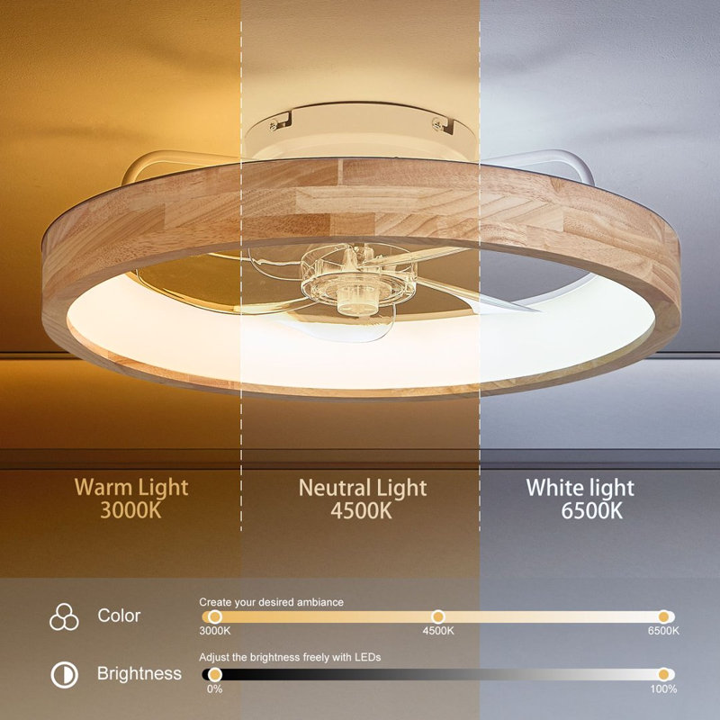 Ventilateur de plafond à finition bois 20 pouces avec éclairage à intensité variable 3000K-6500K à DEL OLONTIC, ventilateur réversible à 6 vitesses avec minuterie APP