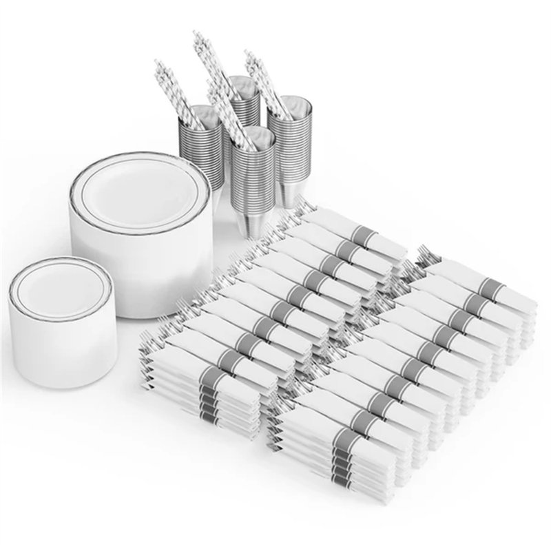 Ensemble de vaisselle jetable 30 serviettes pré-roulées, Ensemble de 100, Argent