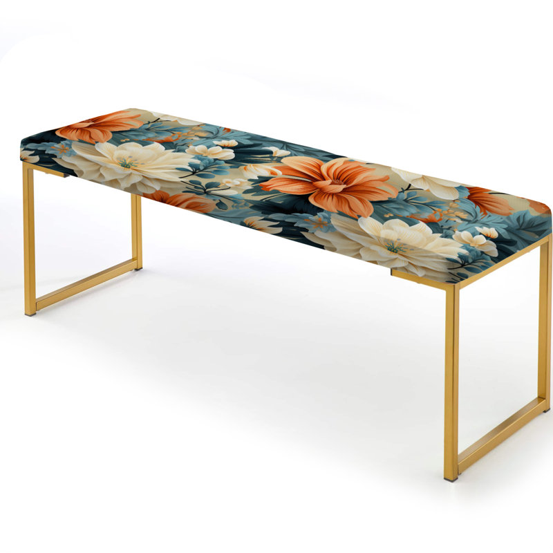 Banc rembourré or, Terre cuite chaude et motif botanique floral
